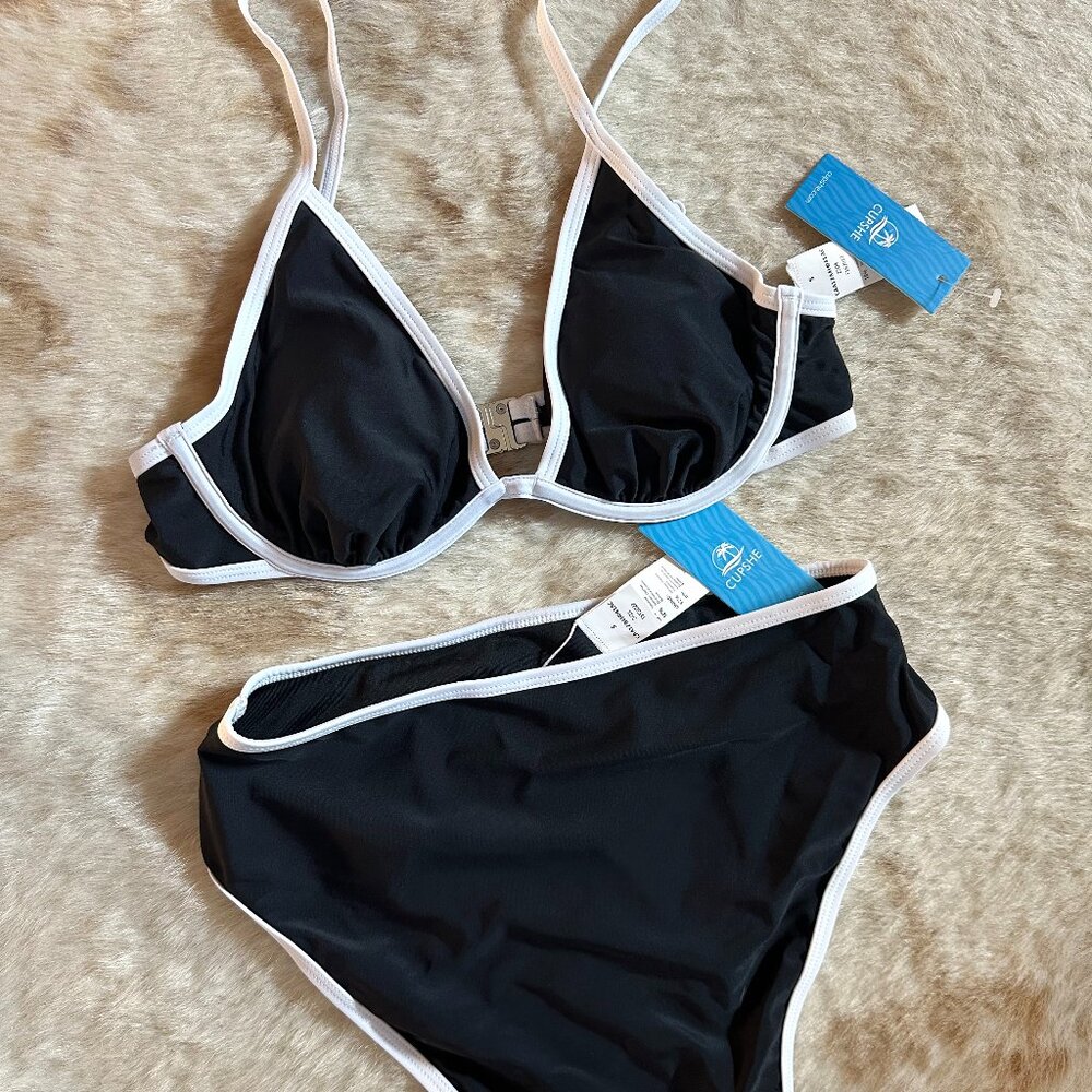 Cupshe Black & White Piping Underwire Bikini Top & High-Waisted Bottoms Set